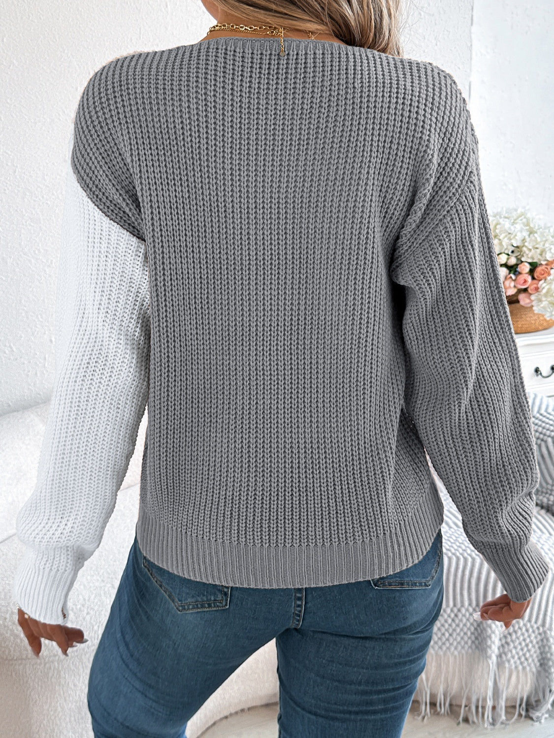 Two-Tone V-Neck Long Sleeve Sweater - Charming Charlie