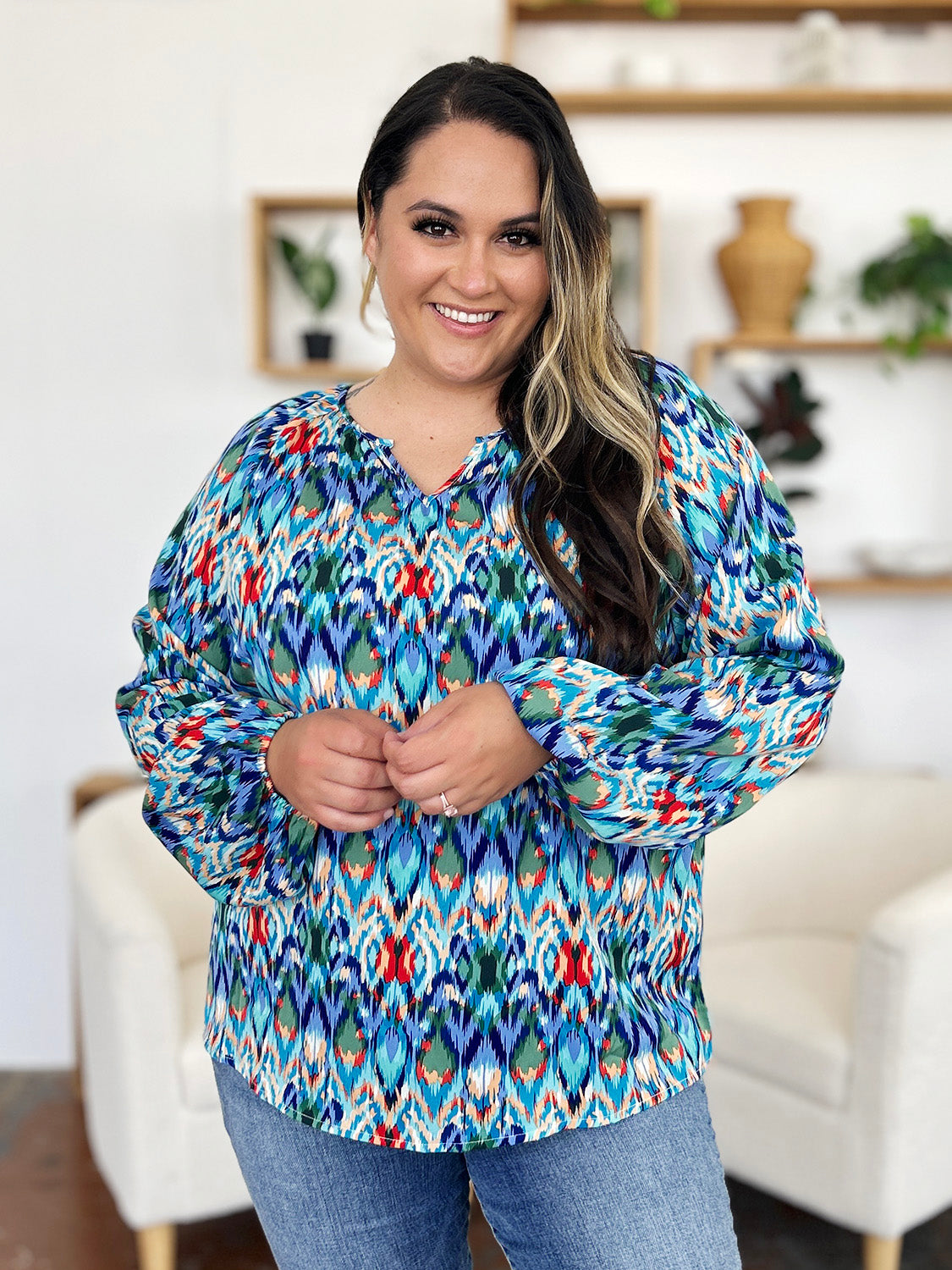 Double Take Full Size Printed Balloon Sleeve Blouse - Charming Charlie