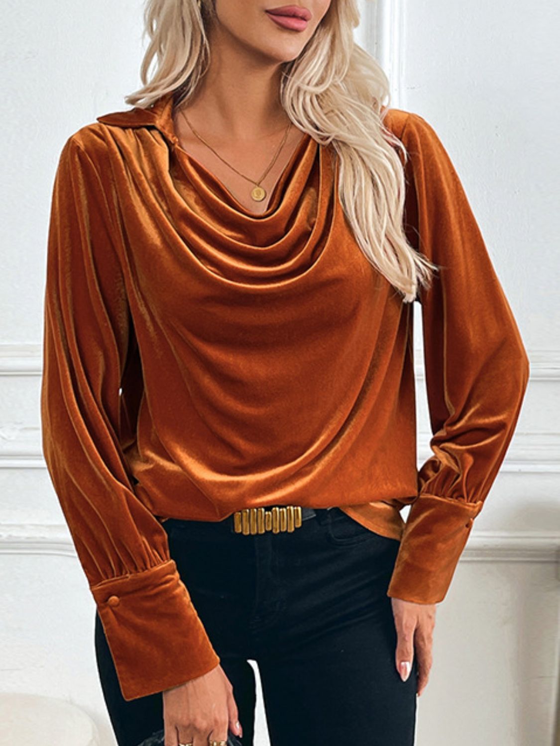 Perfee Ruched Long Sleeve Blouse - Charming Charlie