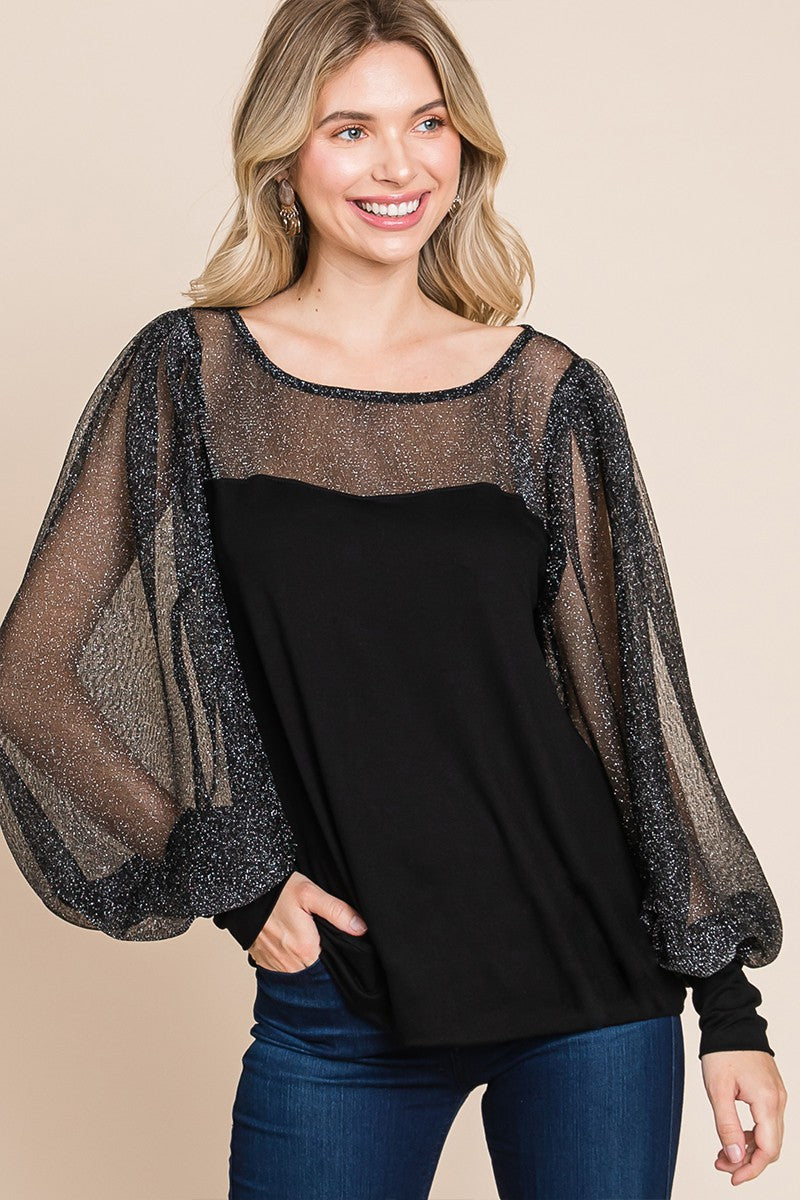 Super Lady Full Size Metallic Mesh Lantern Sleeve Blouse - Charming Charlie