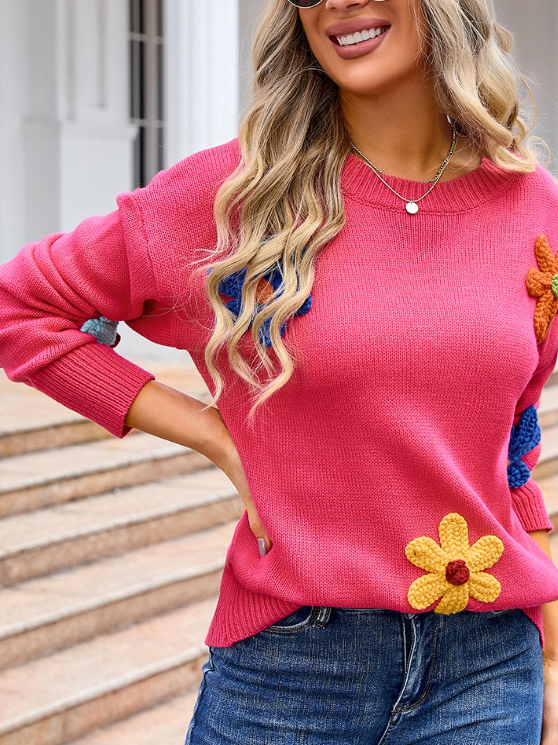 Crochet Flower Round Neck Sweater - Charming Charlie