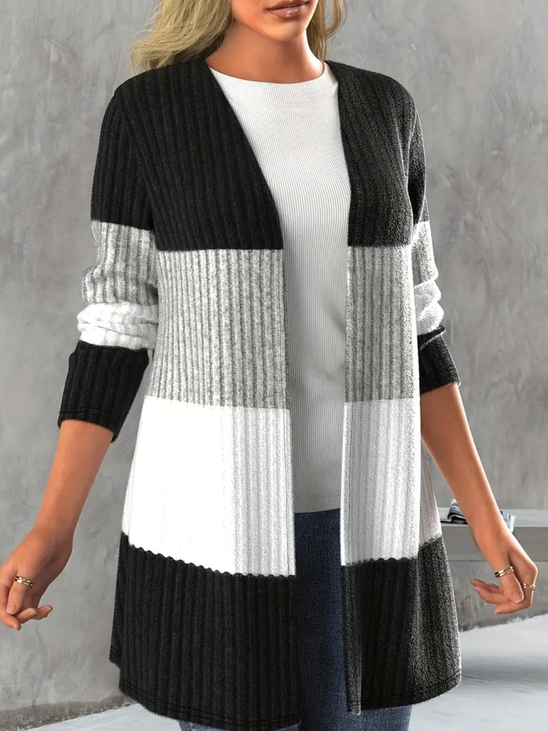 Color Block Open Front Long Sleeve Cardigan - Charming Charlie