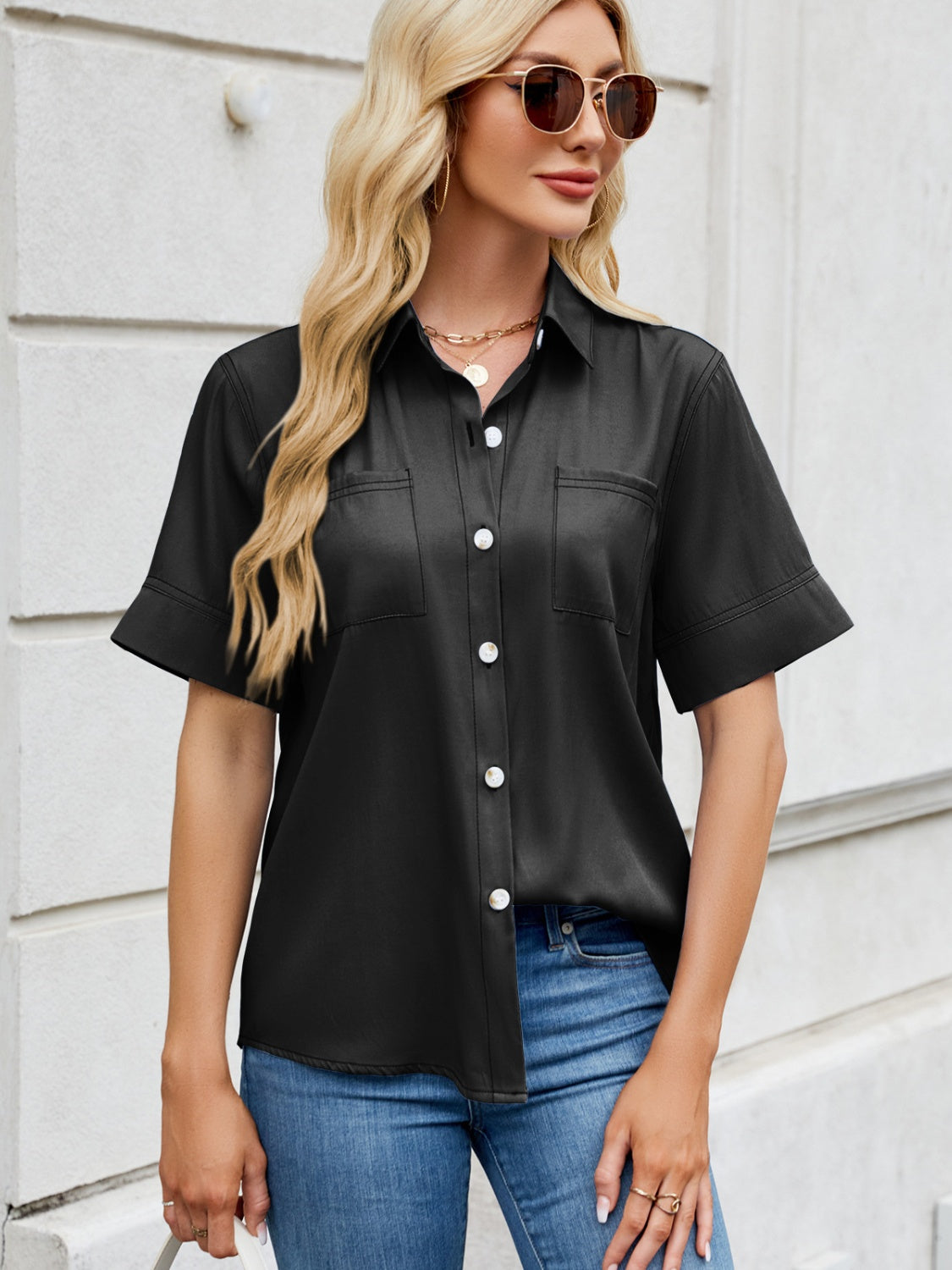 Collared Neck Short Sleeve Shirt - Charming Charlie