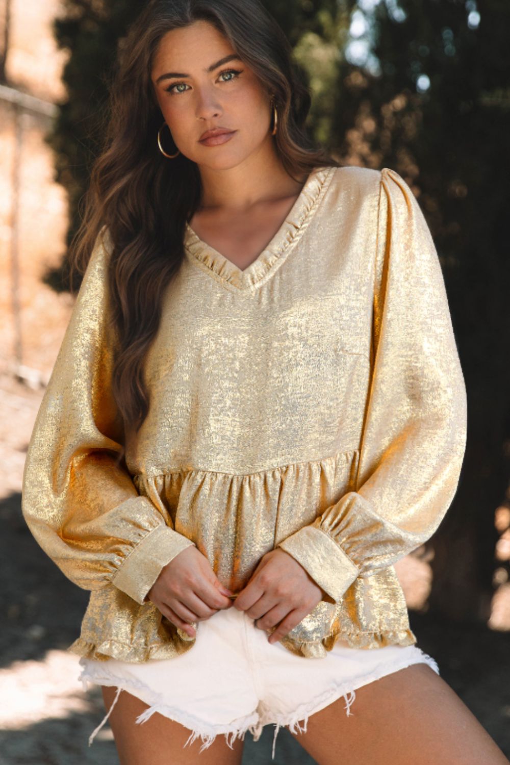 Frill Peplum V-Neck Long Sleeve Blouse - Charming Charlie