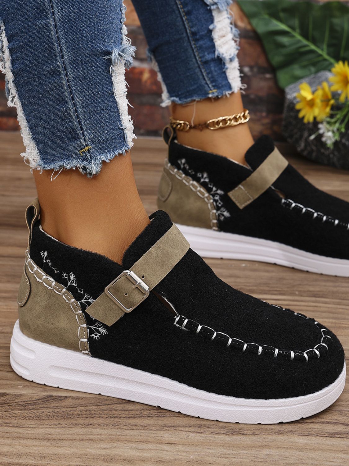 Contrast Round Toe Buckle Sneakers - Charming Charlie