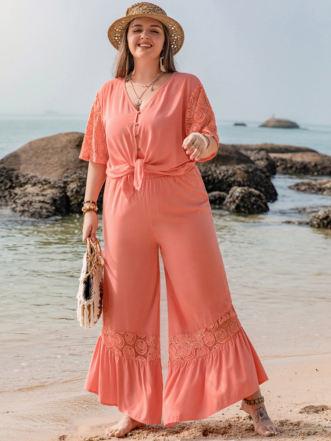 Plus Size Button Up Half Sleeve Top and Pants Set - Charming Charlie
