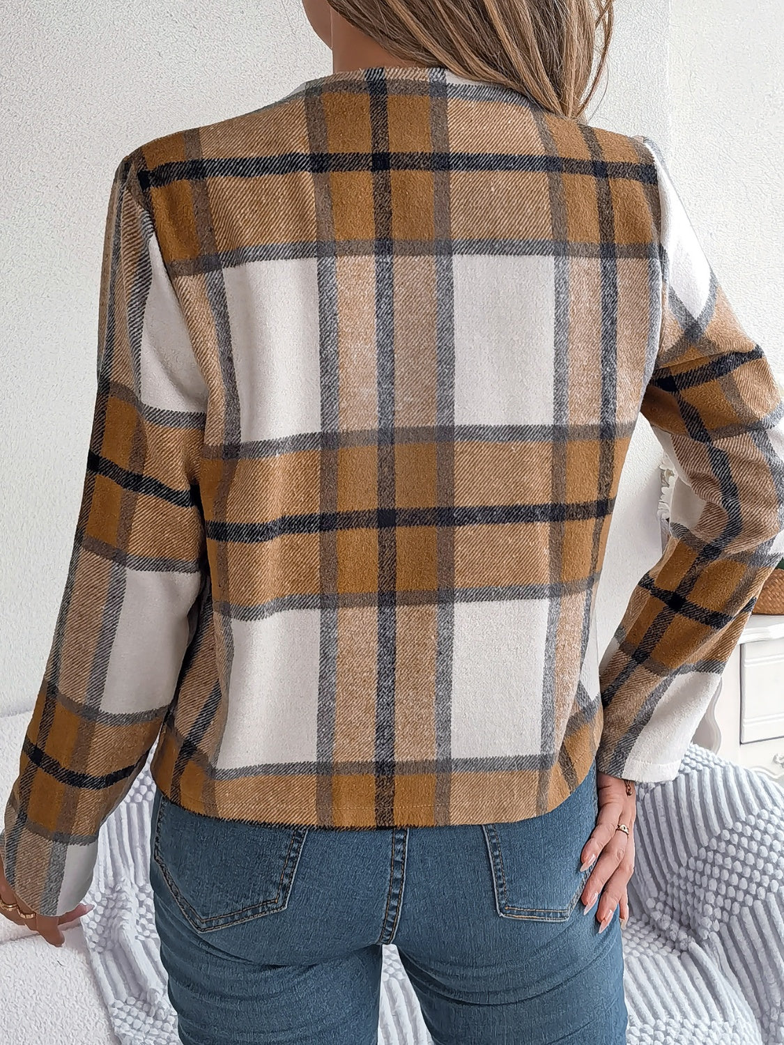 Plaid Open Front Long Sleeve Jacket - Charming Charlie