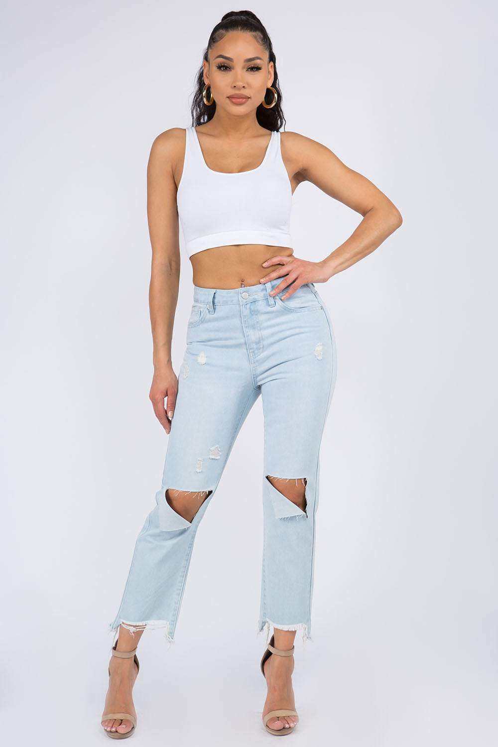 American Bazi High Waist Distressed Raw Hem Jeans - Charming Charlie