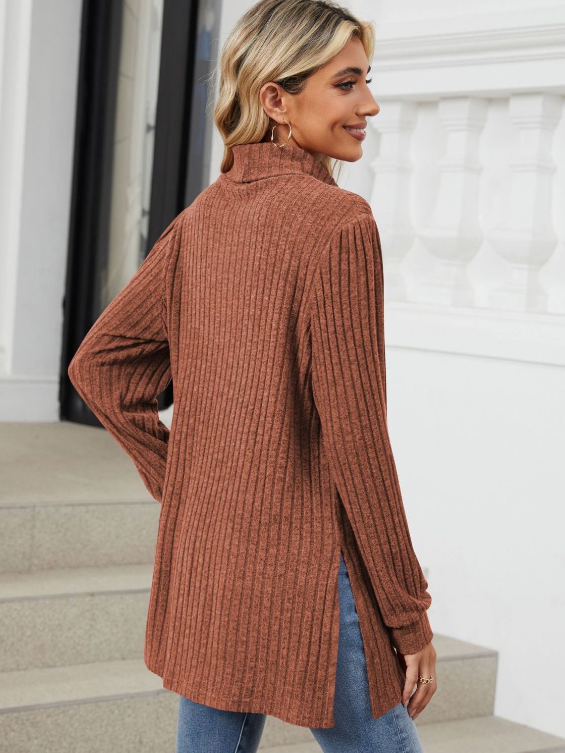 Slit Mock Neck Long Sleeve T-Shirt - Charming Charlie