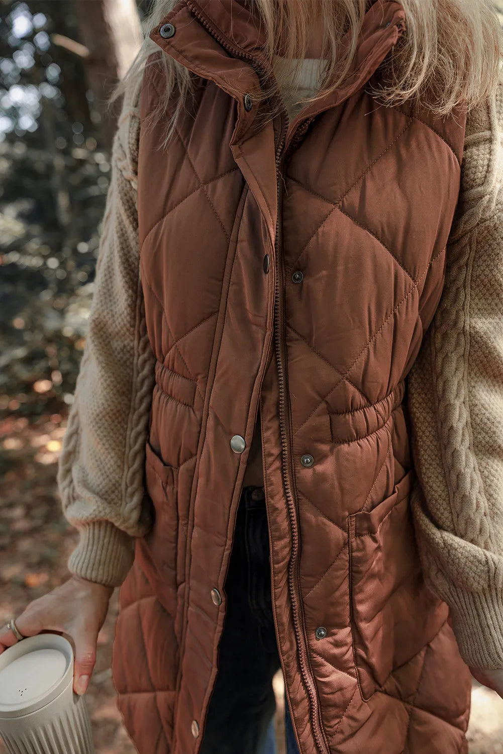 Pocketed Zipper and Button Vest Coat - Charming Charlie