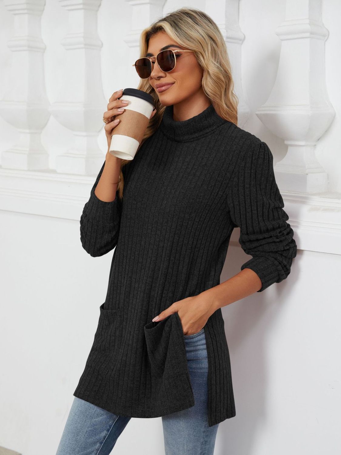 Slit Mock Neck Long Sleeve T-Shirt - Charming Charlie