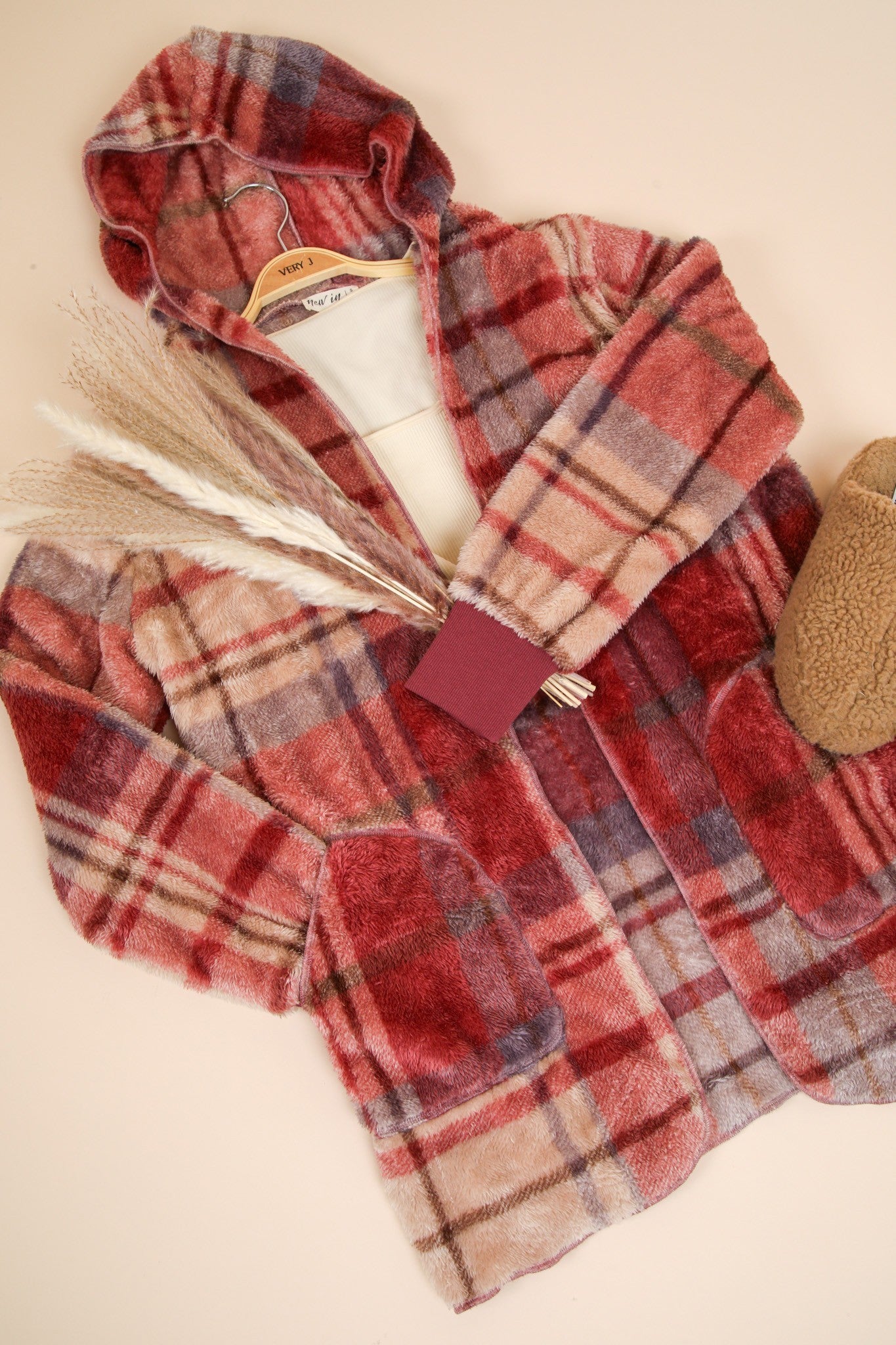 VERY J Fuzzy Plaid Long Sleeve Hooded Jacket - Charming Charlie