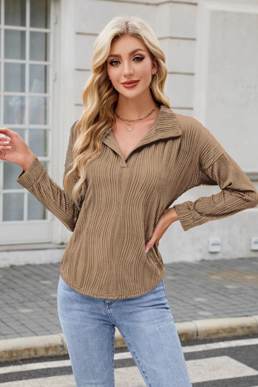 Texture Collared Neck Long Sleeve Blouse - Charming Charlie