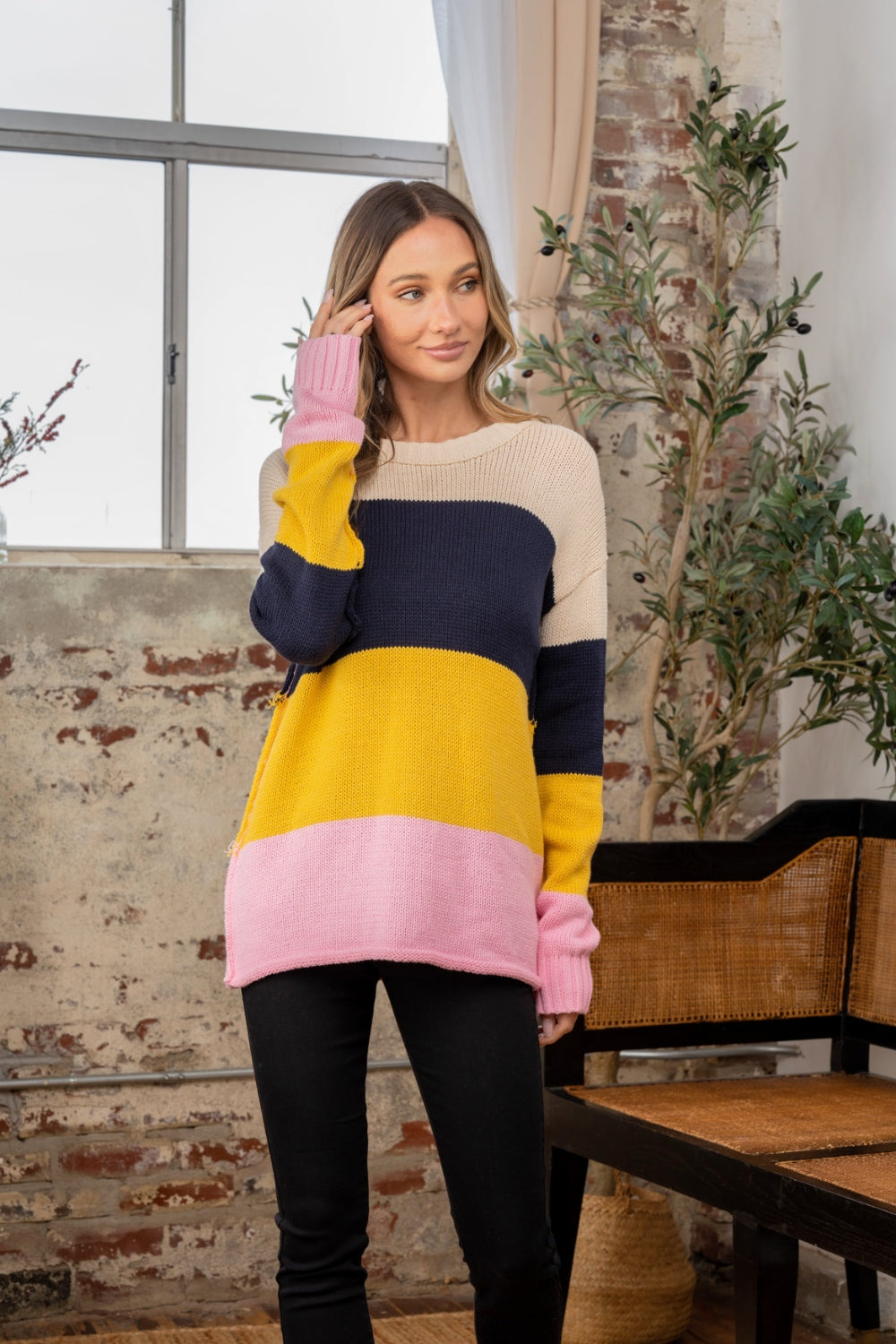Sew In Love Full Size Color Block Exposed Seam Sweater - Charming Charlie