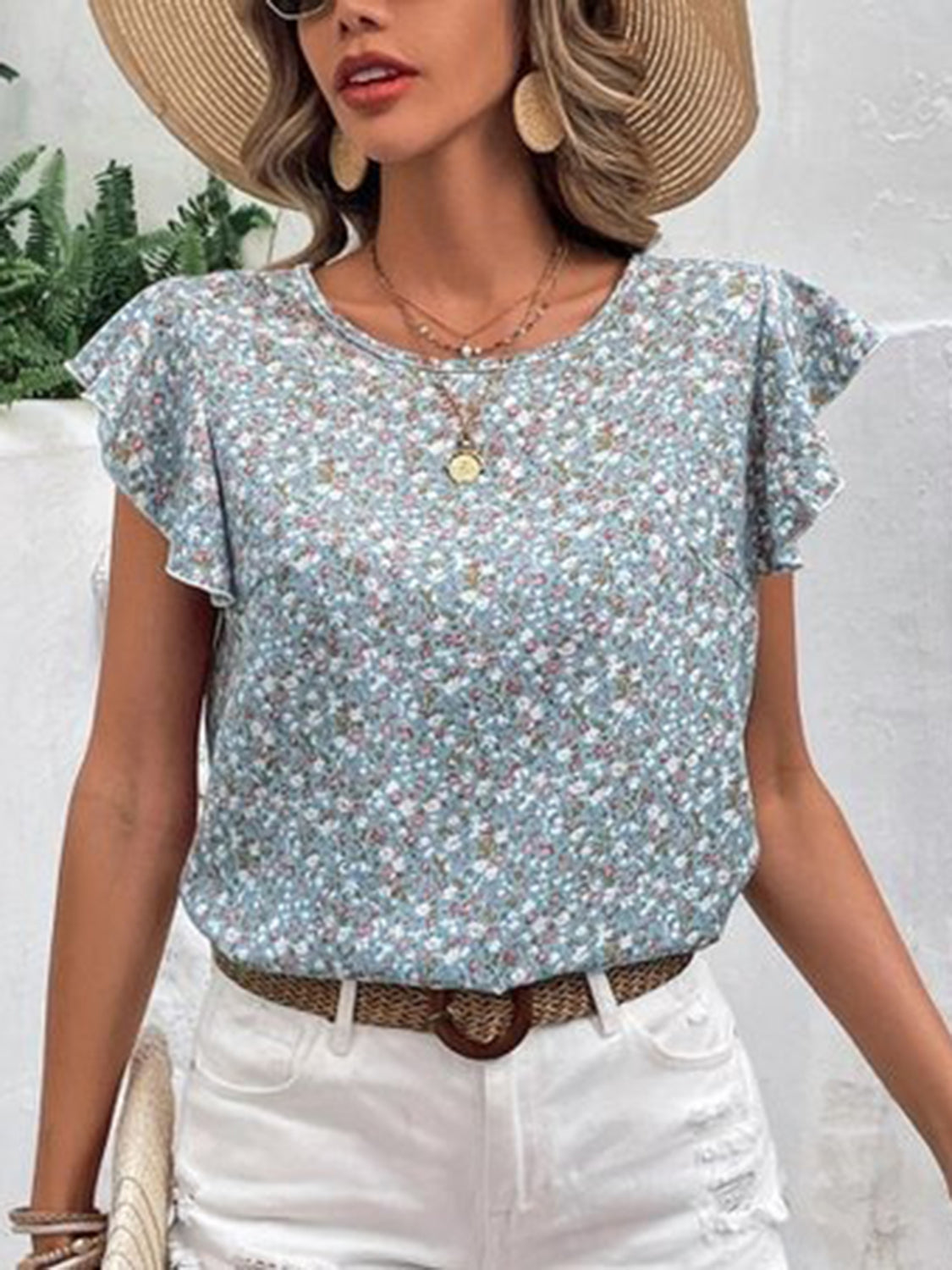Ditsy Floral Round Neck Cap Sleeve Top - Charming Charlie