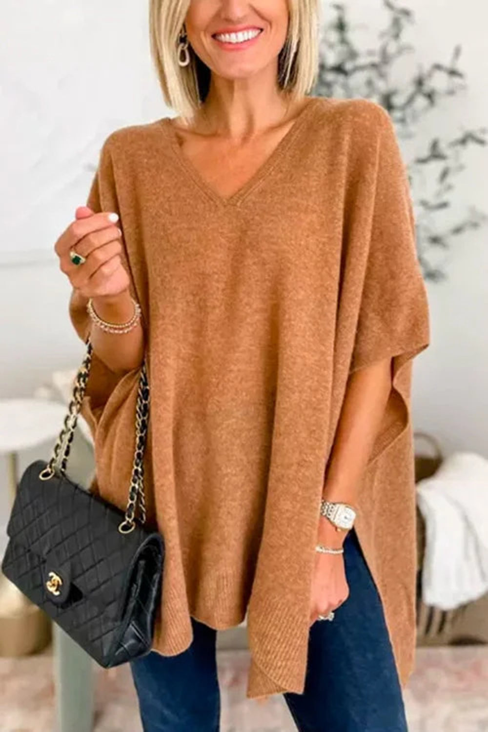 Slit V-Neck Half Sleeve Knit Top - Charming Charlie