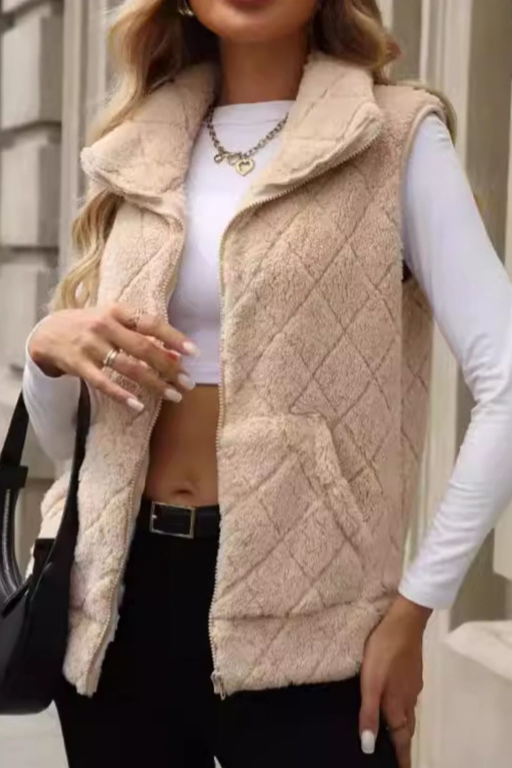 Fuzzy Plaid Texture Zip Up Vest Coat - Charming Charlie