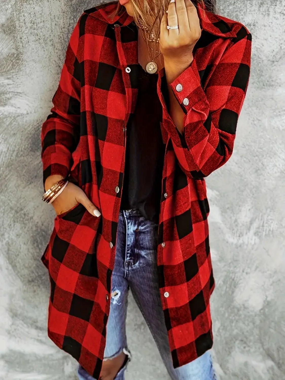 Plaid Collared Neck Snap Down Long Sleeve Jacket - Charming Charlie
