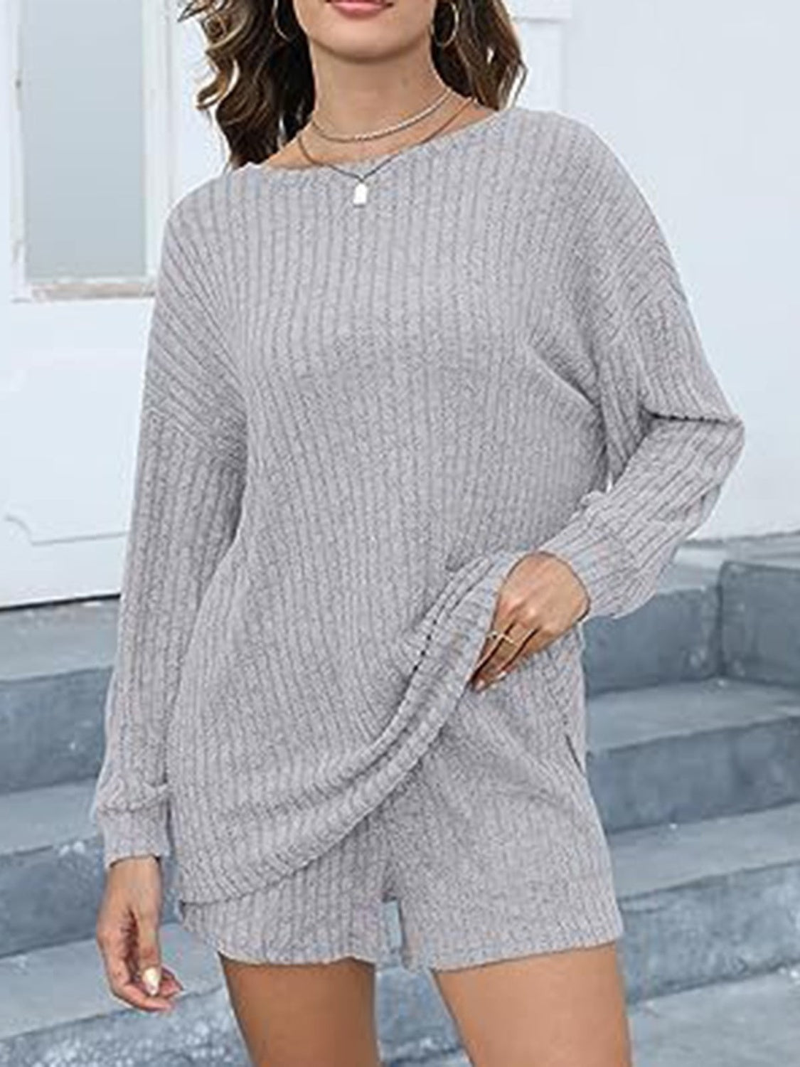 Round Neck Dropped Shoulder Top and Shorts Set - Charming Charlie