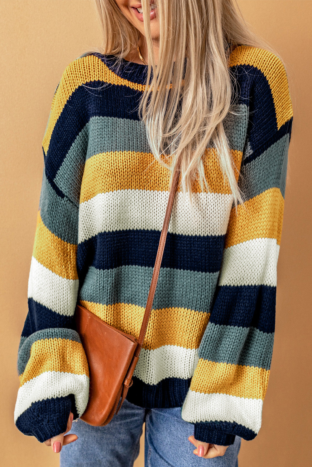Color Block Round Neck Dropped Shoulder Sweater - Charming Charlie