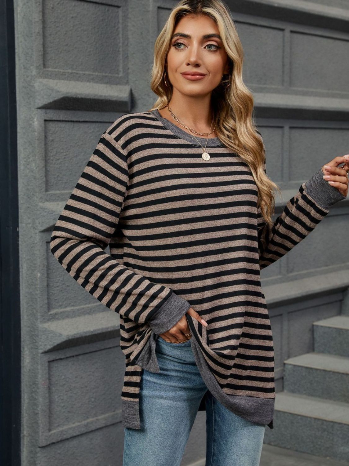 Striped Round Neck Long Sleeve T-Shirt - Charming Charlie