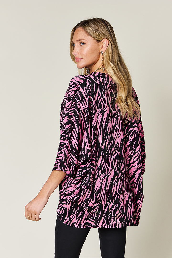 Double Take Full Size Printed Notched Three-Quarter Sleeve Blouse - Charming Charlie