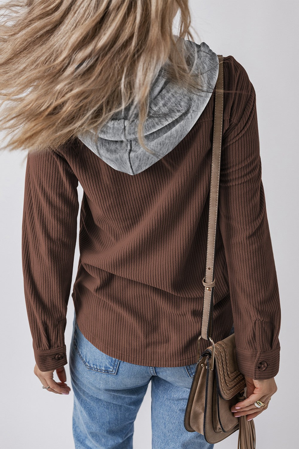 Drawstring Button Up Long Sleeve Hooded Jacket - Charming Charlie