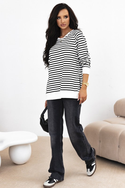 Stripe Raglan Sleeve Side Slits Loose Sweatshirt - Charming Charlie