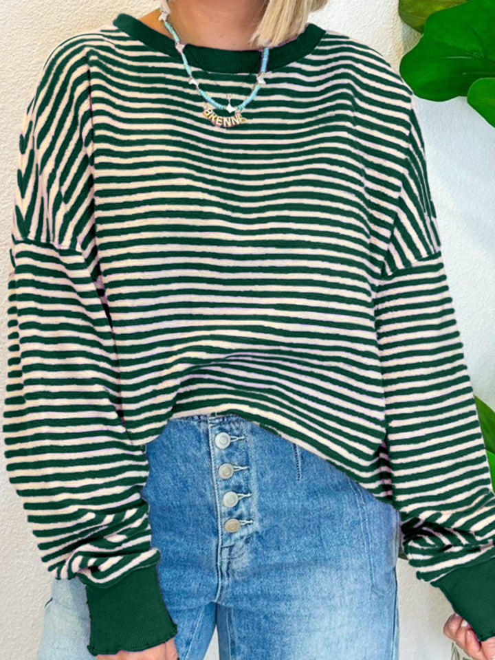 Striped Round Neck Long Sleeve Sweatshirt - Charming Charlie