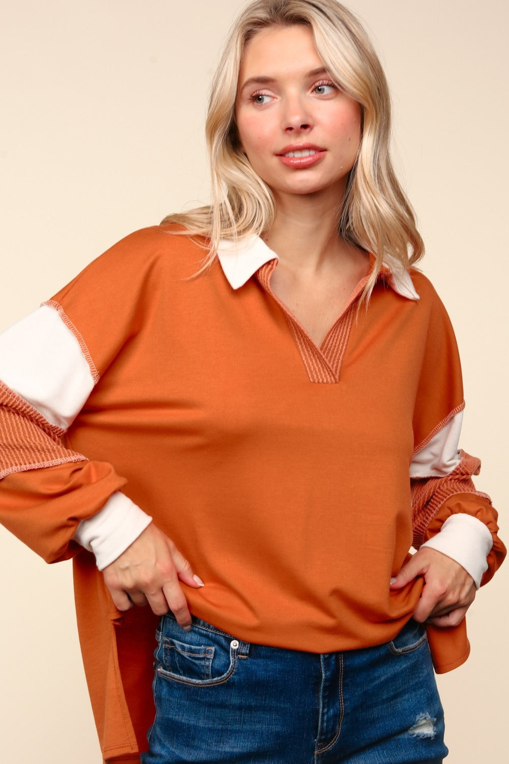 Haptics Color Block Exposed Seam Long Sleeve Top - Charming Charlie