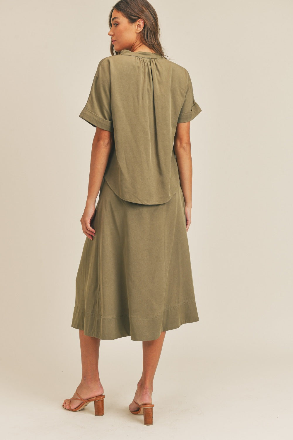 MABLE Short Sleeve Top and Button Down Midi Skirt Set - Charming Charlie