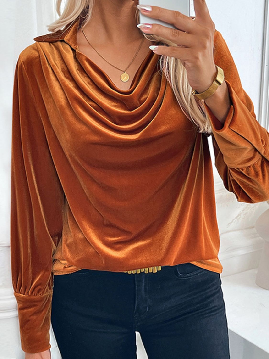 Perfee Ruched Long Sleeve Blouse - Charming Charlie
