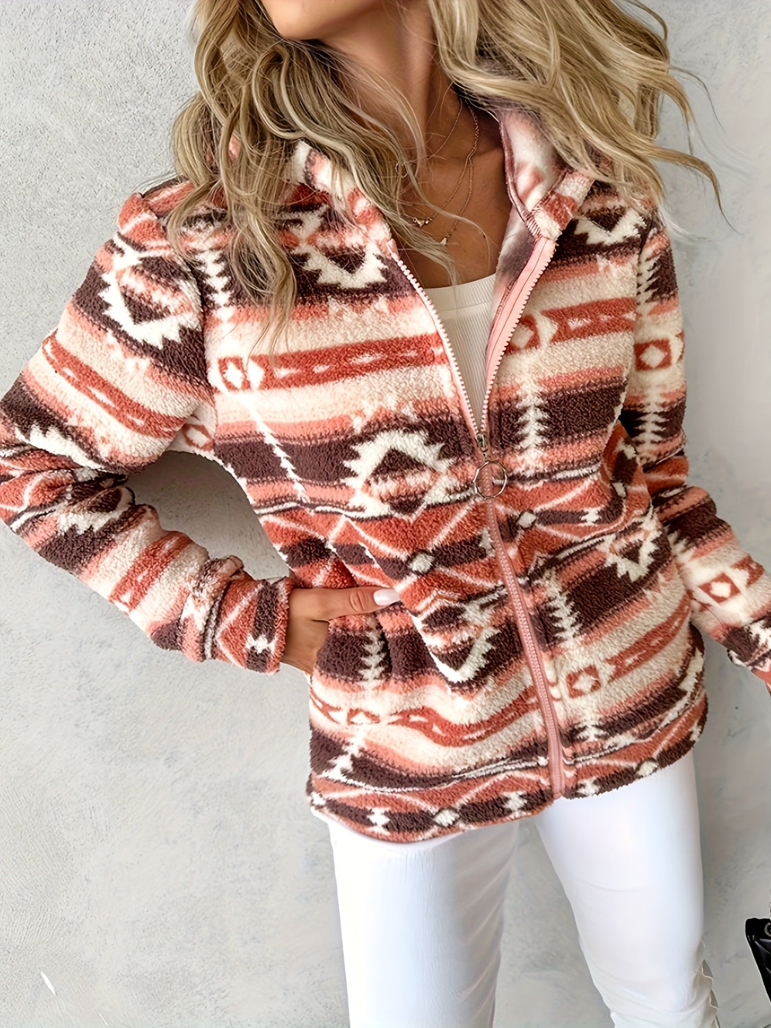 Geometric Zip Up Long Sleeve Hooded Jacket - Charming Charlie