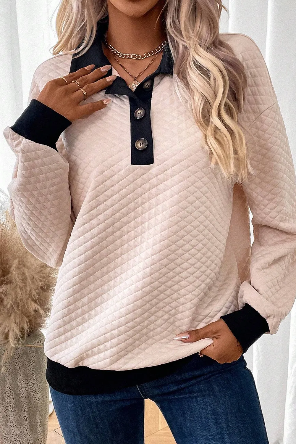 Textured Collared Neck Long Sleeve Top - Charming Charlie