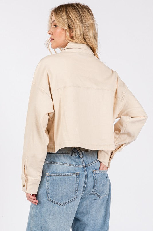 bytos Button Down Cropped Denim Jacket with Patch Pockets - Charming Charlie