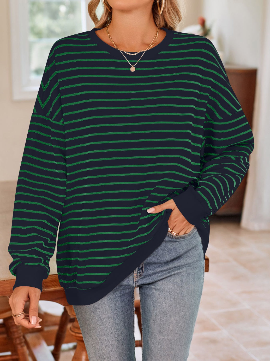 Striped Round Neck Long Sleeve Sweatshirt - Charming Charlie