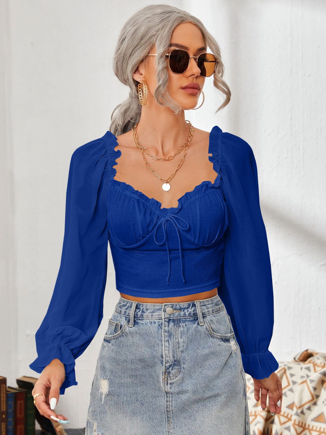 Mesh Sweetheart Neck Flounce Sleeve Top - Charming Charlie