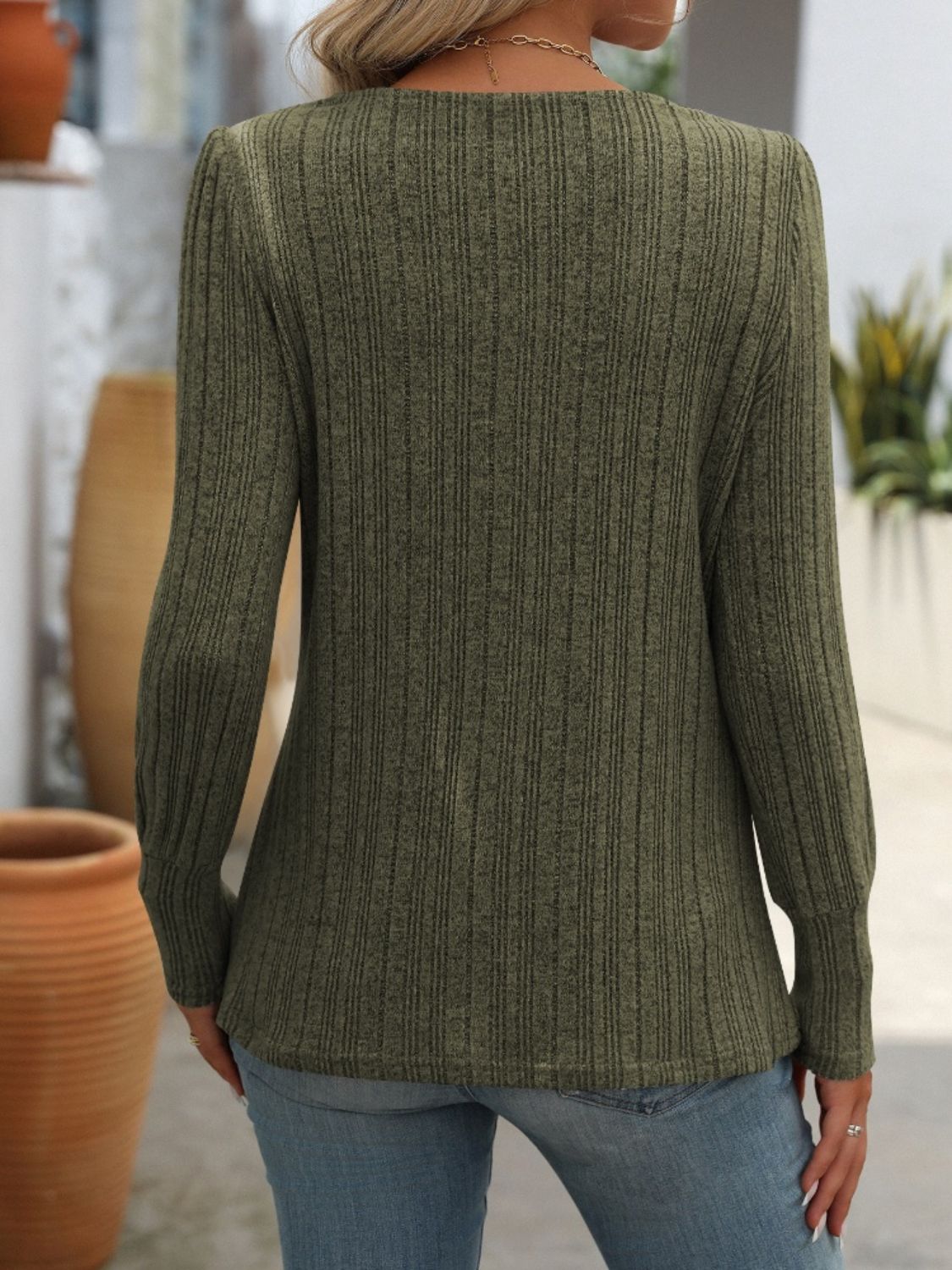 Decorative Button Striped Square Neck Long Sleeve T-Shirt - Charming Charlie