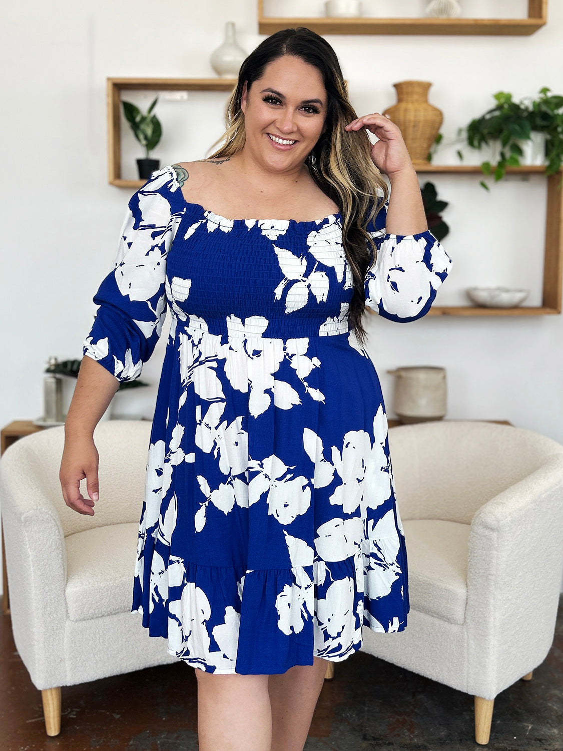 Double Take Full Size Floral Ruffle Hem Smocked Dress with Pockets - Charming Charlie