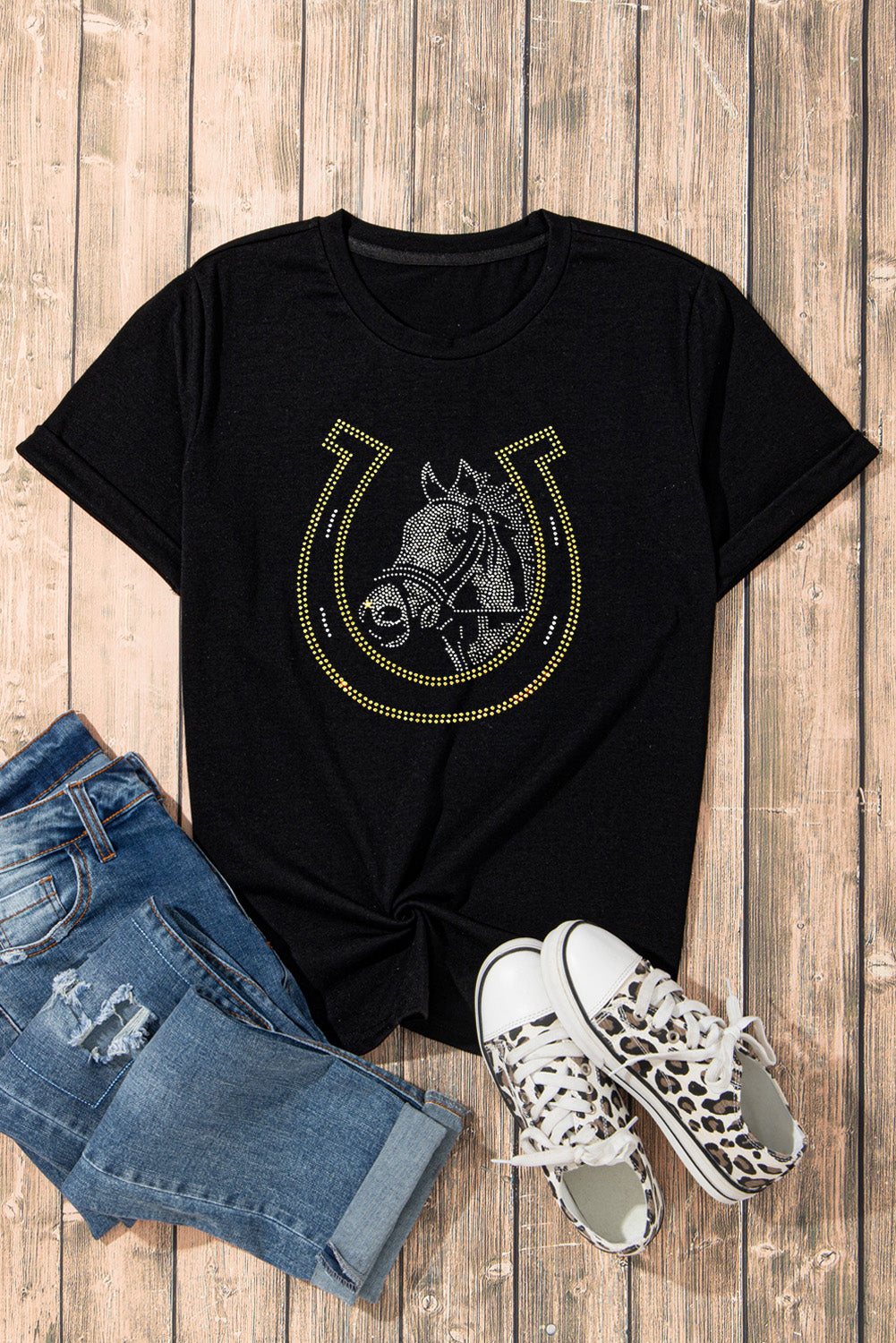 Rhinestone Round Neck Short Sleeve T-Shirt - Charming Charlie