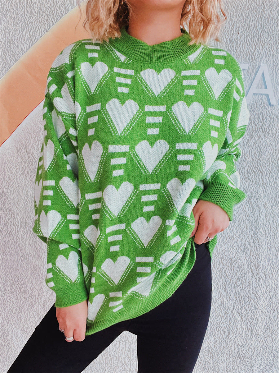 Heart Contrast Long Sleeve Dropped Shoulder Sweater - Charming Charlie