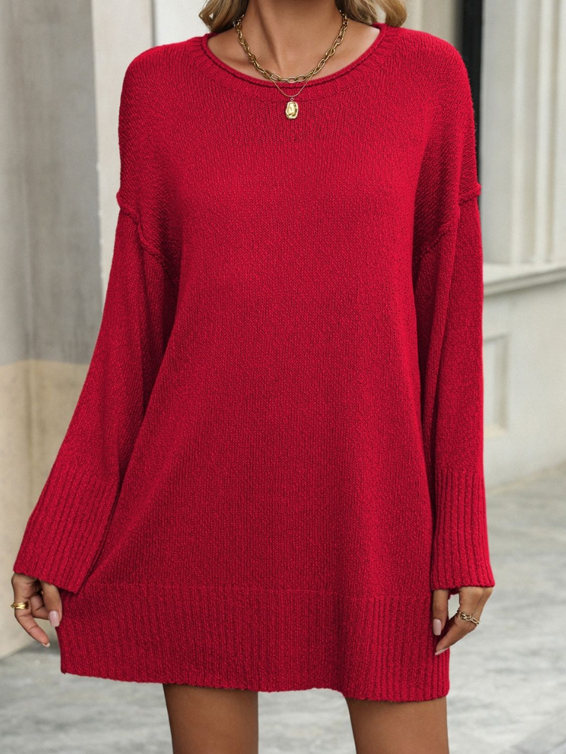 Round Neck Dropped Shoulder Sweater - Charming Charlie