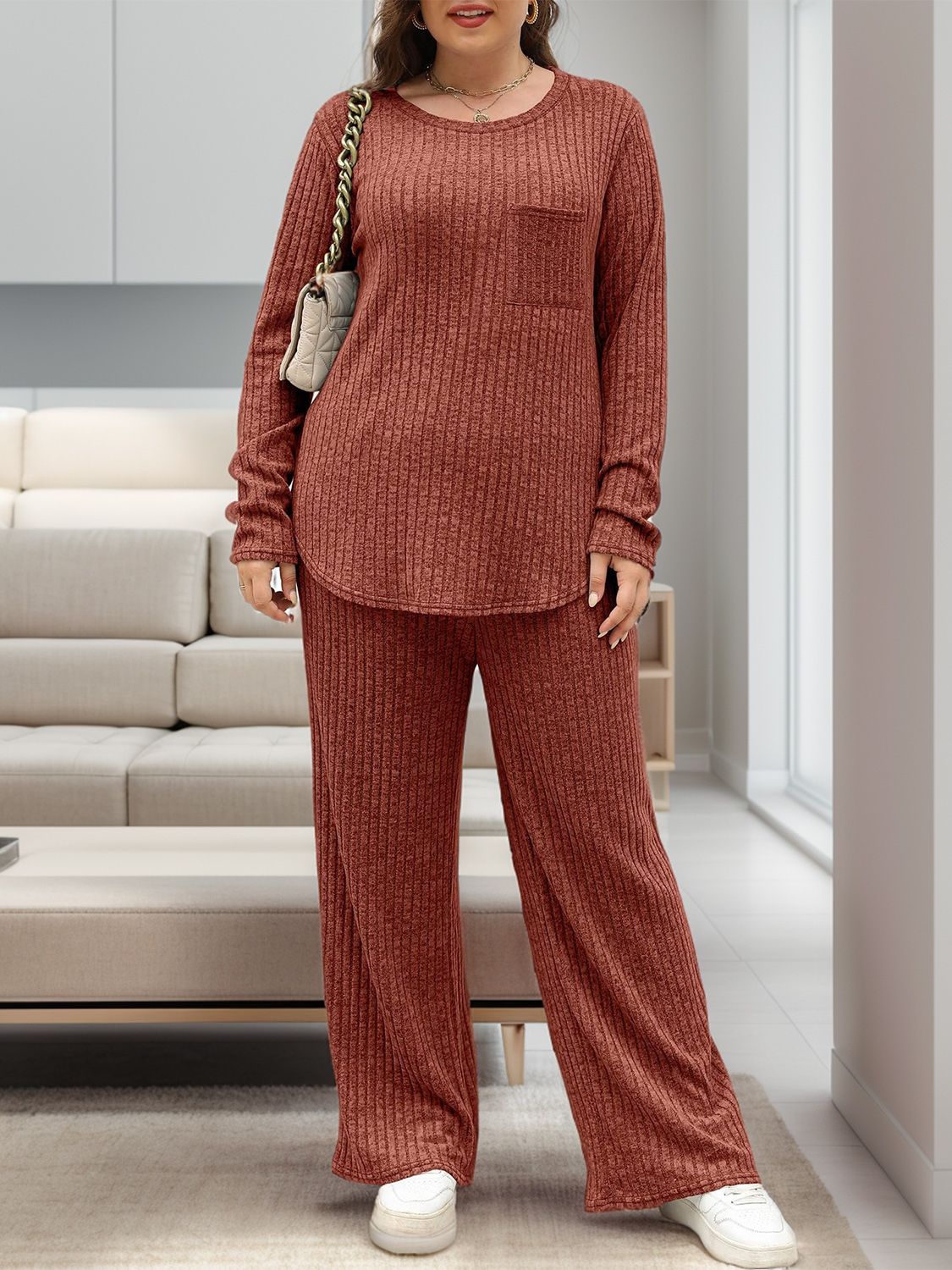 Round Neck Long Sleeve Top and Pants Set - Charming Charlie