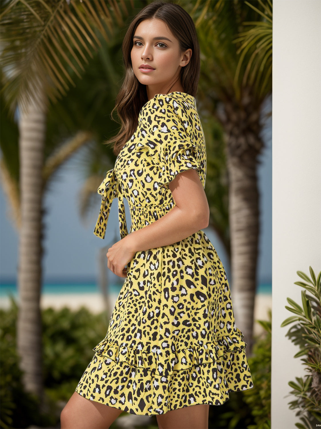 Leopard V-Neck Flounce Sleeve Mini Dress - Charming Charlie