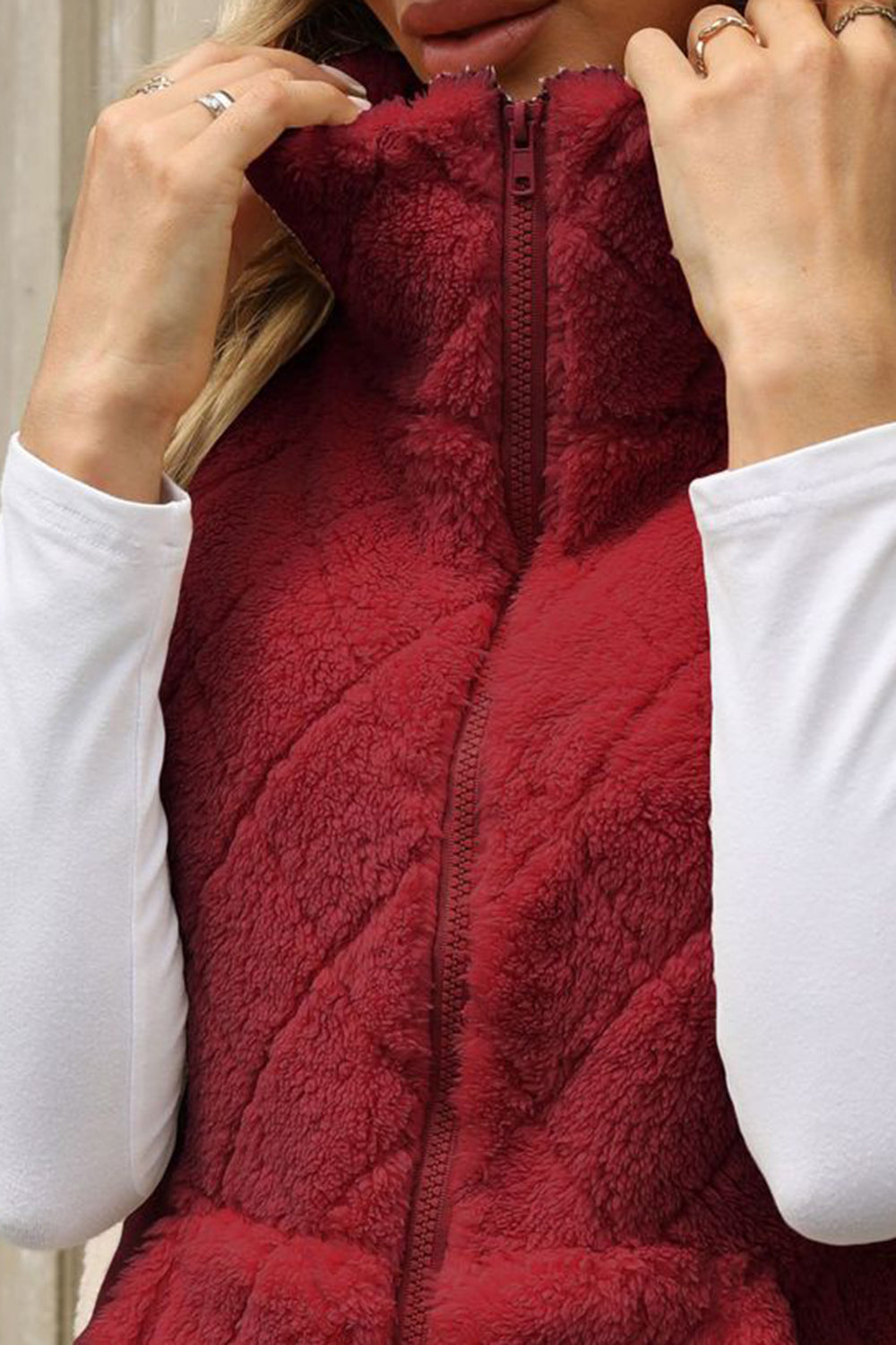 Fuzzy Plaid Texture Zip Up Vest Coat - Charming Charlie