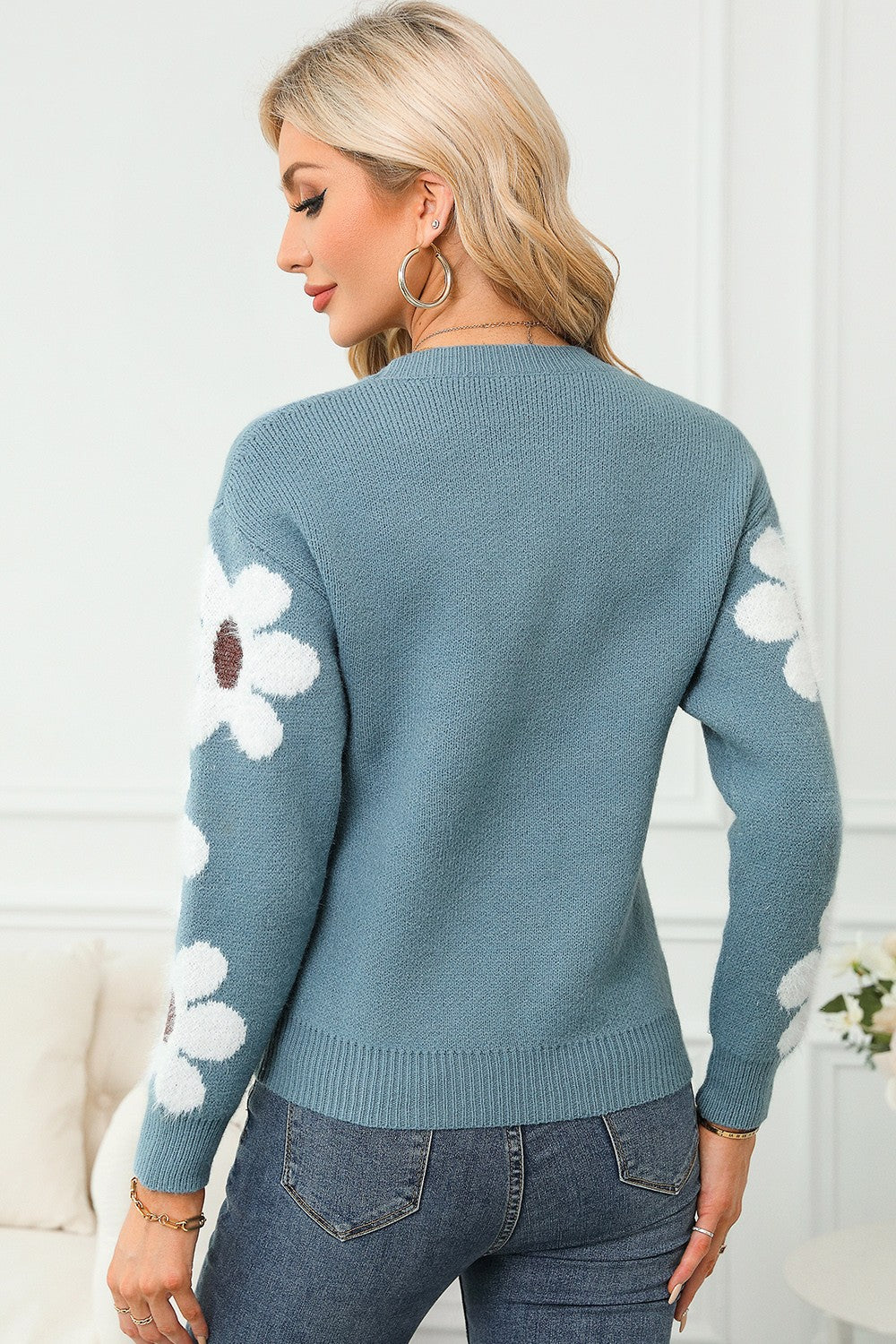 Flower Round Neck Long Sleeve Sweater - Charming Charlie