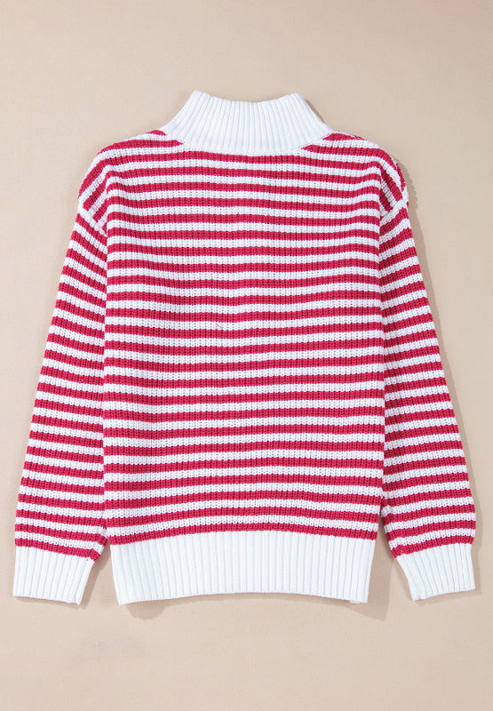 Striped Half Zip Mock Neck Long Sleeve Sweater - Charming Charlie