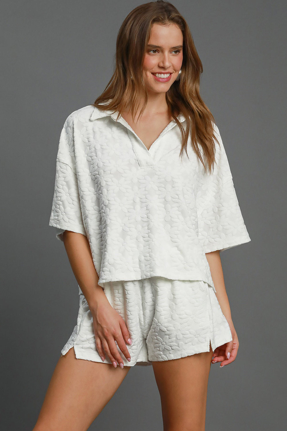 Umgee Floral Elastic Waist Jacquard Shorts with Pockets - Charming Charlie