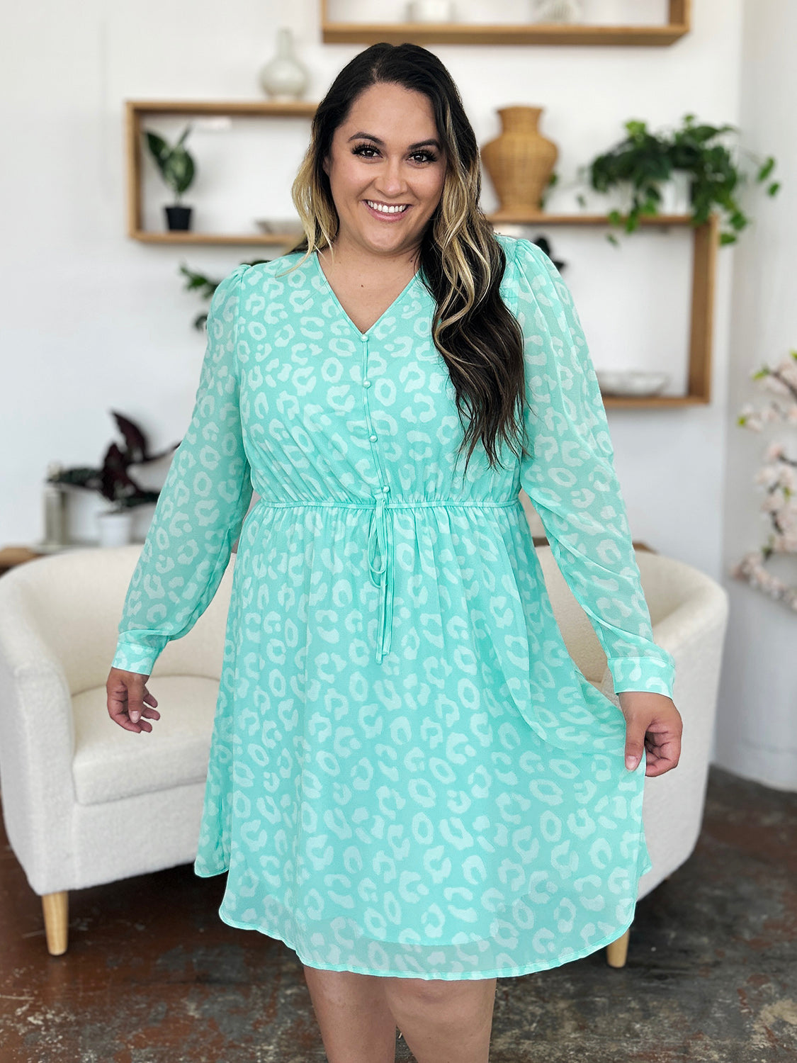 Double Take Full Size Printed Ruched V-Neck Long Sleeve Dress - Charming Charlie