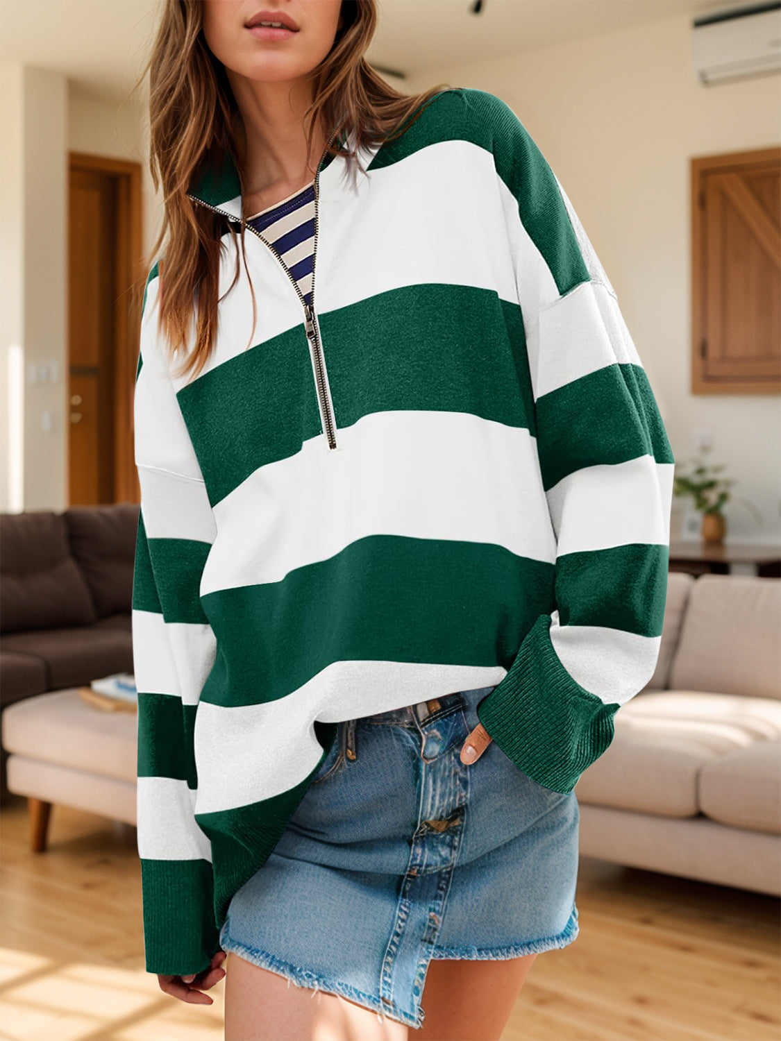 Color Block Half Zip Long Sleeve Sweater - Charming Charlie
